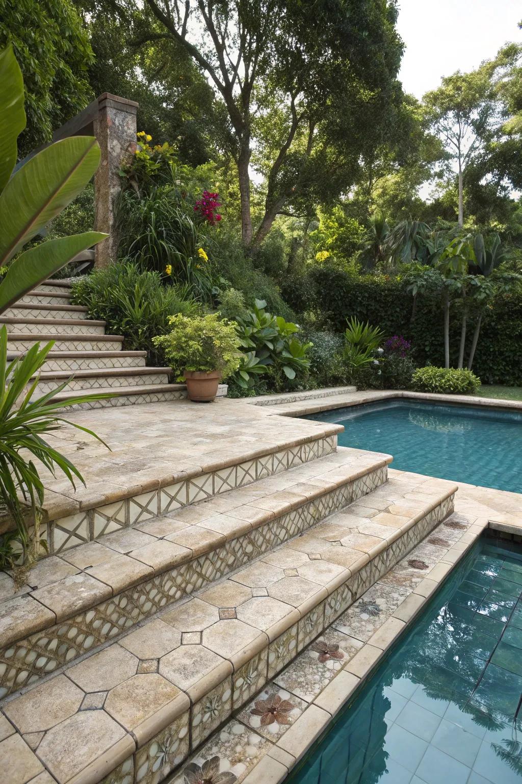 Natural stone tiles evoke a rustic, earthy vibe.