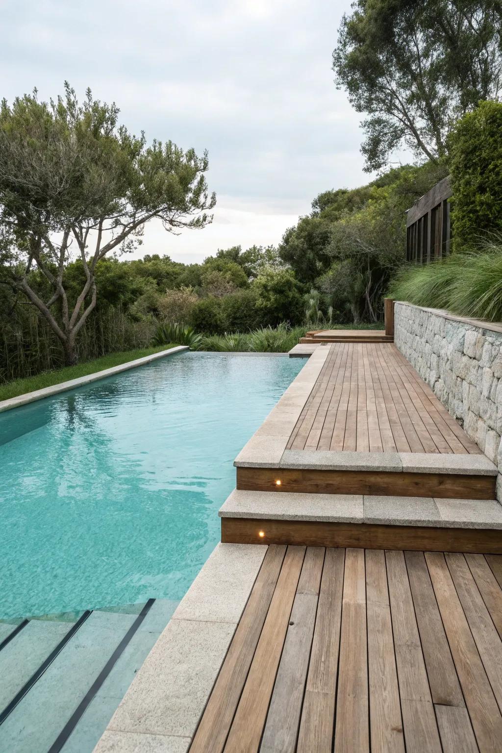 Integrated designs blend steps with the pool deck.