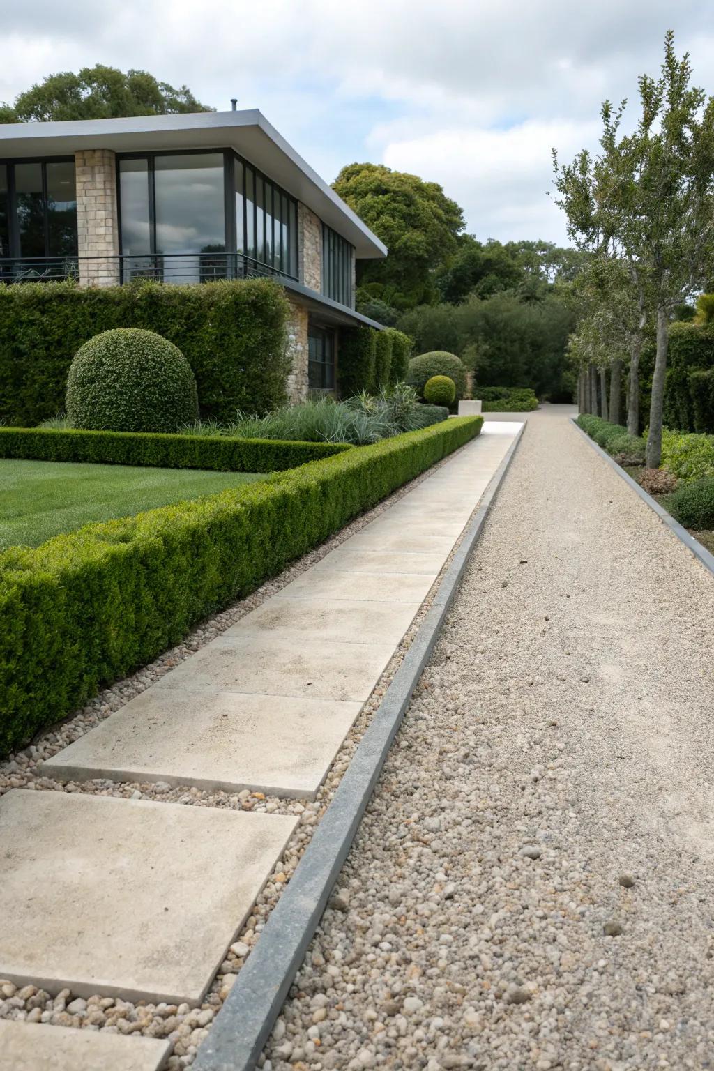 Gravel driveway with clean concrete edging.