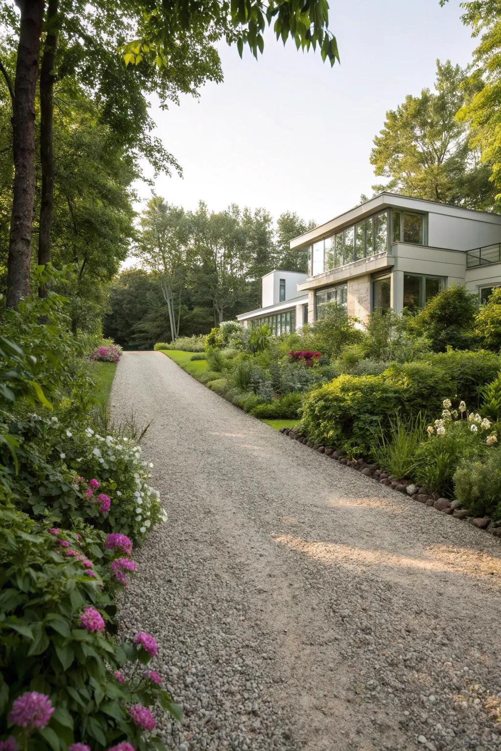 Gravel driveway bordered by lush greenery.