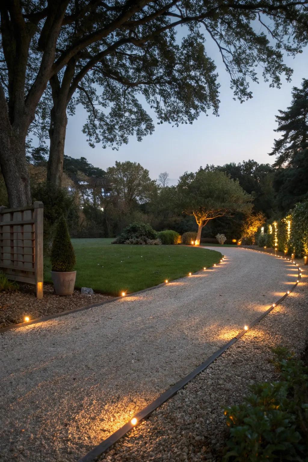 Gravel driveway illuminated with embedded LED lights.