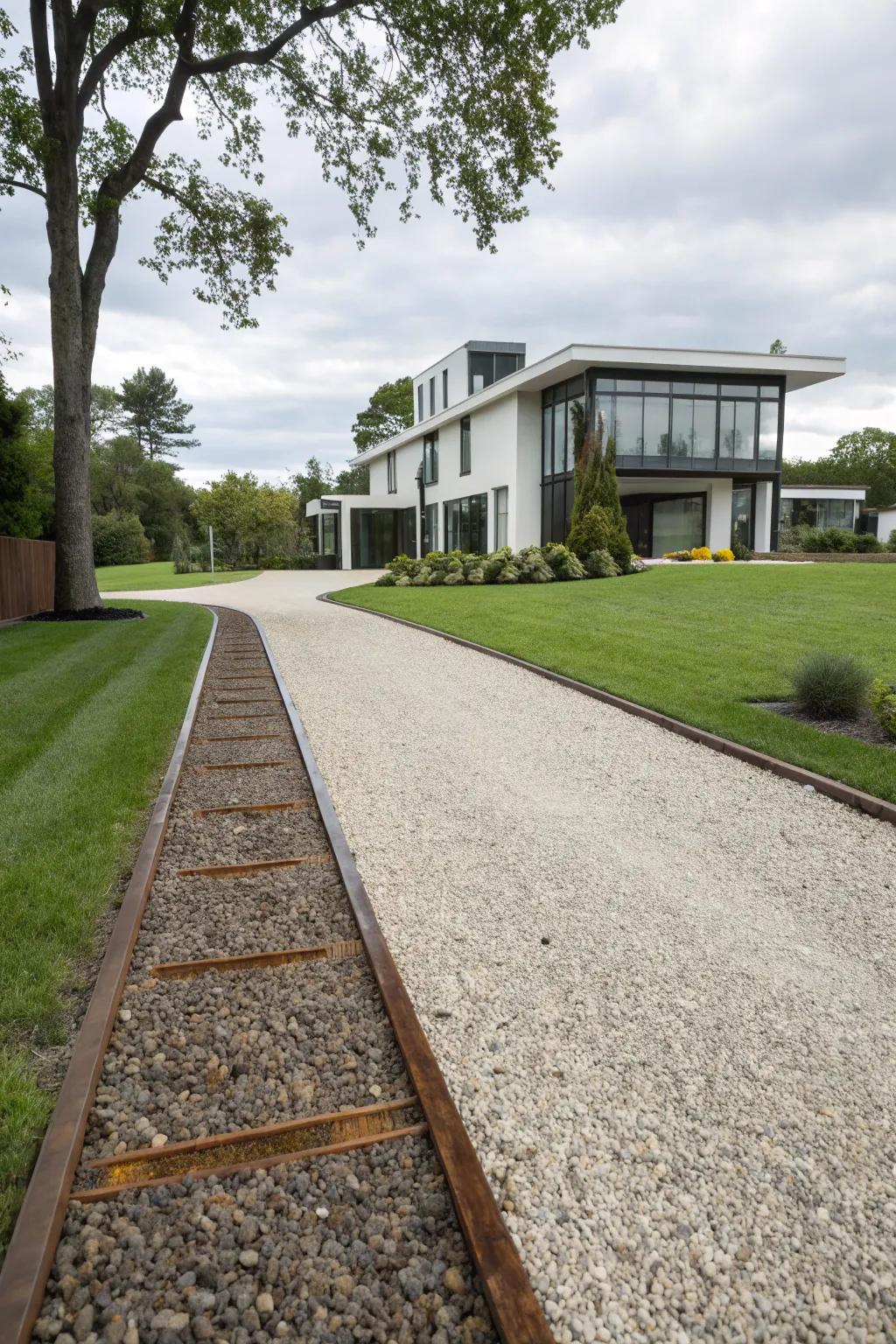 Gravel driveway with bold steel borders.