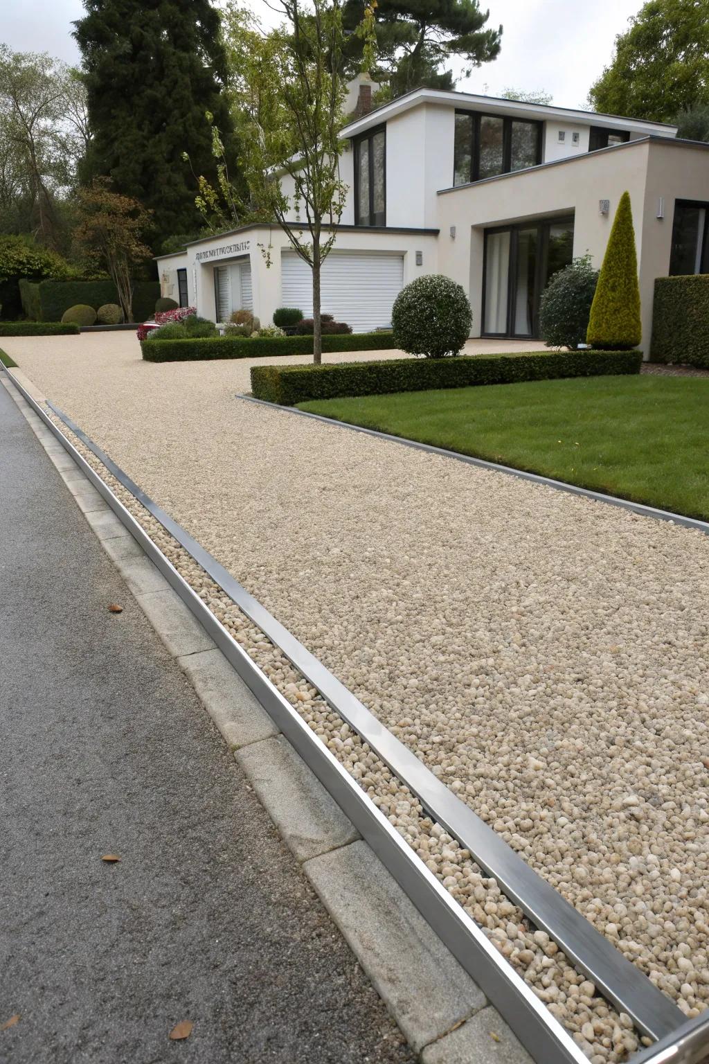 Gravel driveway with sleek aluminum edging.