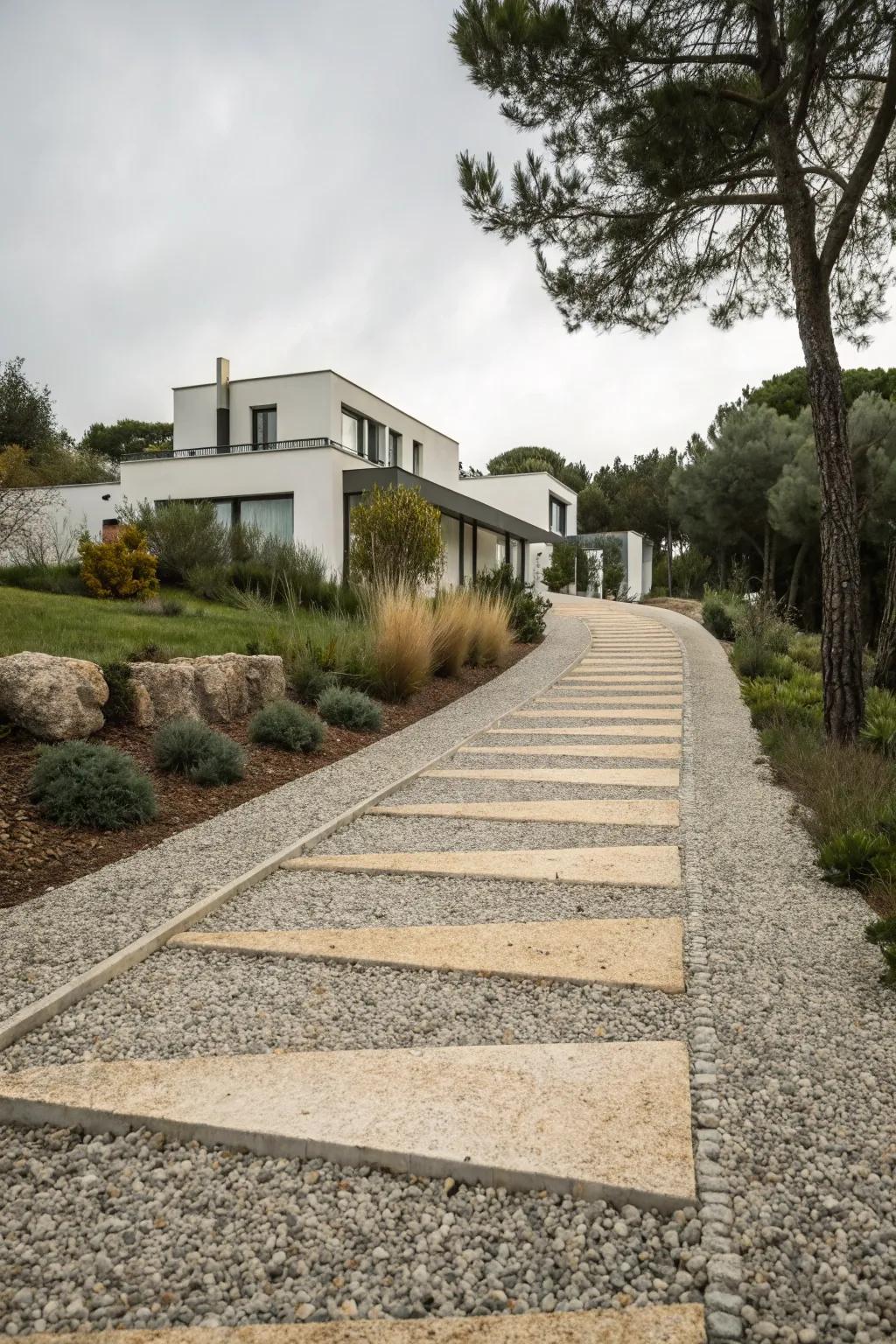 Gravel driveway with a mix of textured layers.