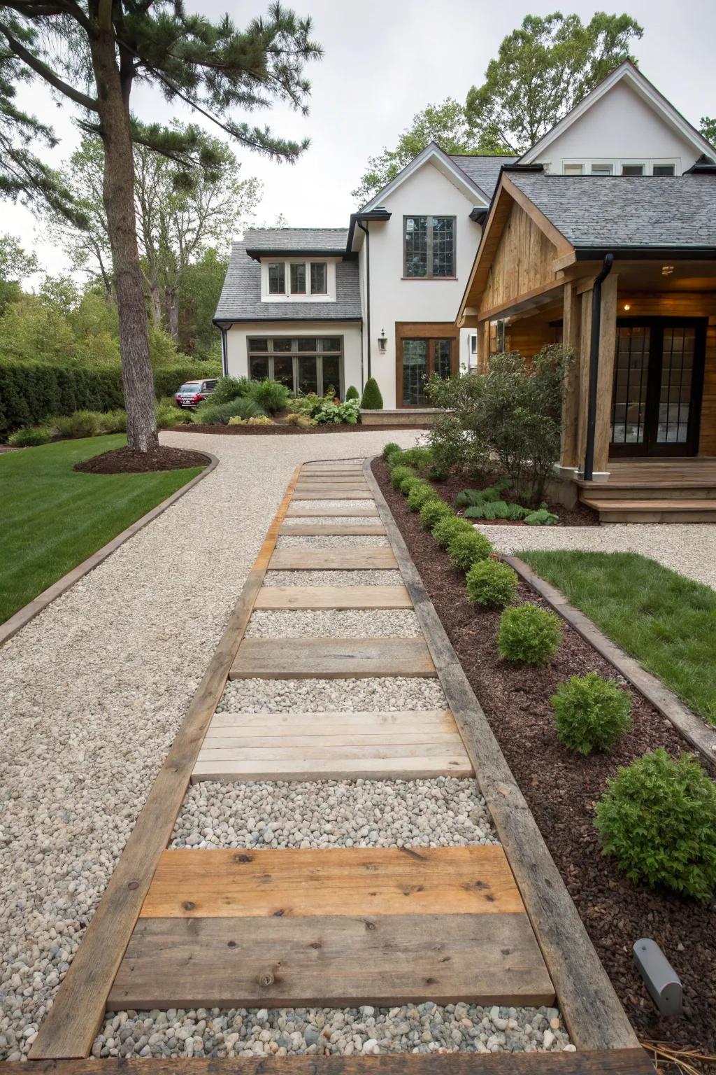 Driveway combining rustic wood with modern gravel elements.