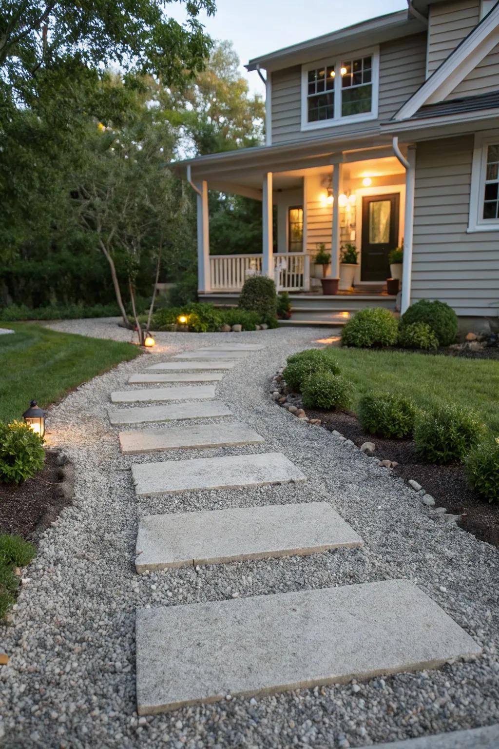 Gravel driveway with a stepping stone pathway.