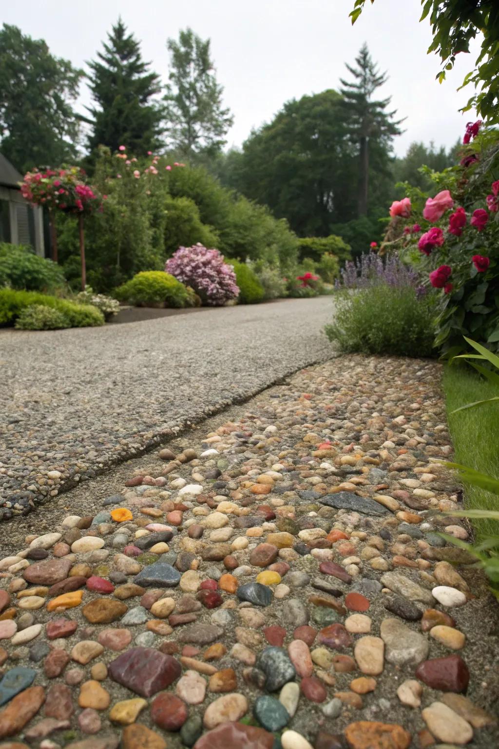 Driveway with a vibrant mix of colorful gravel.