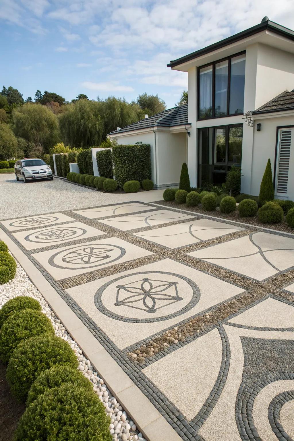 Driveway featuring sleek geometric gravel patterns.