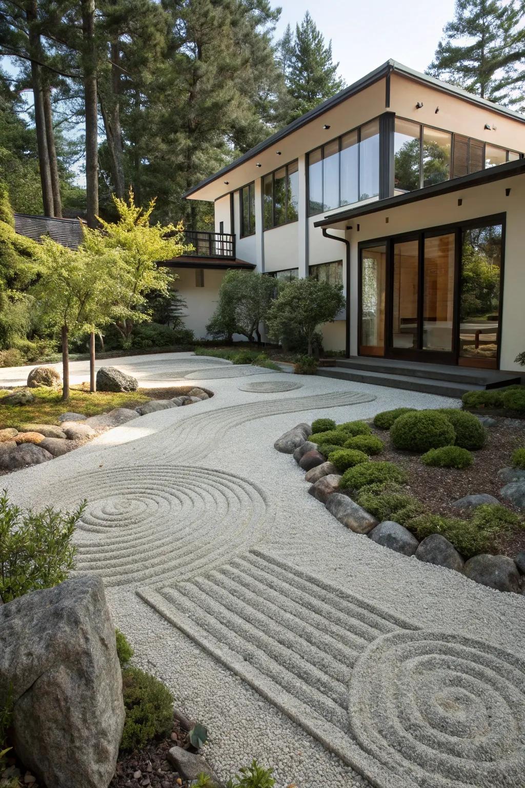 Zen garden-inspired gravel driveway with minimalist patterns.