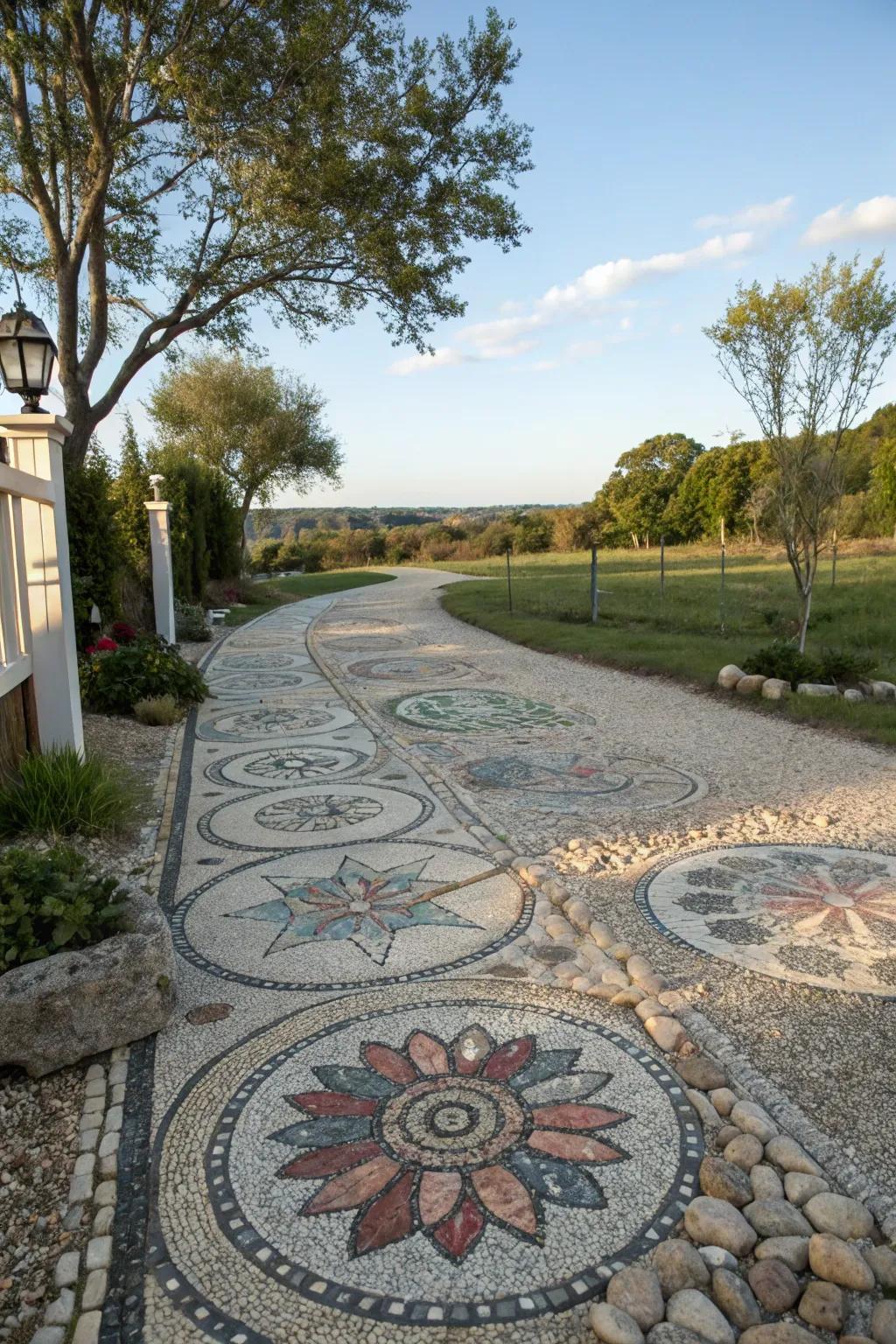 Driveway featuring whimsical mosaic stone patterns.