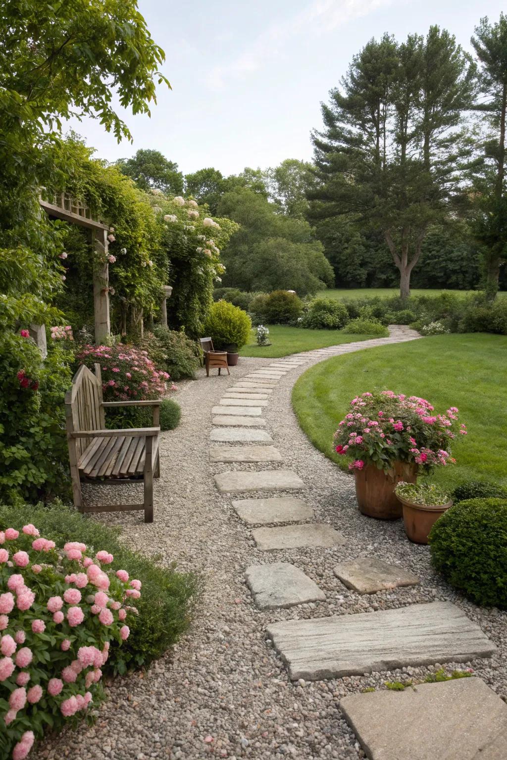 Gravel driveway with natural stone pathways.