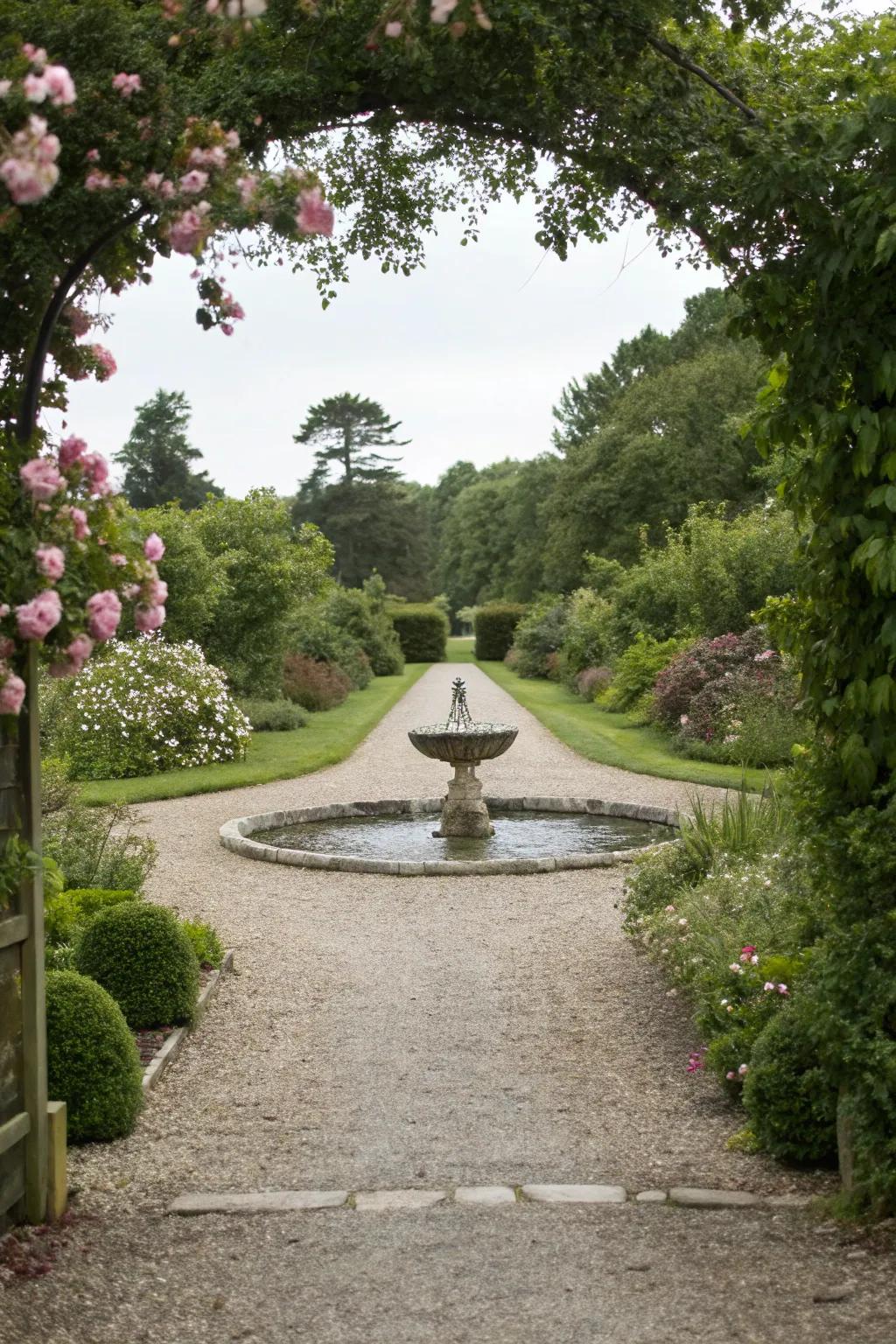 Gravel driveway complemented by a tranquil water feature.