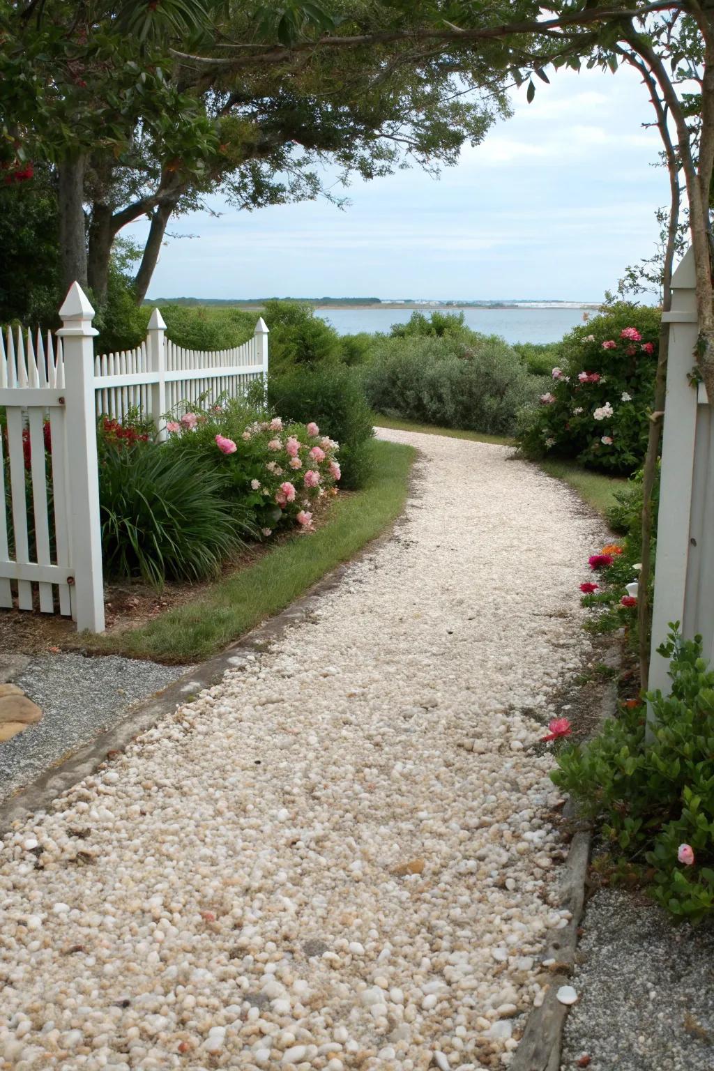 Gravel driveway with coastal-inspired seashell accents.
