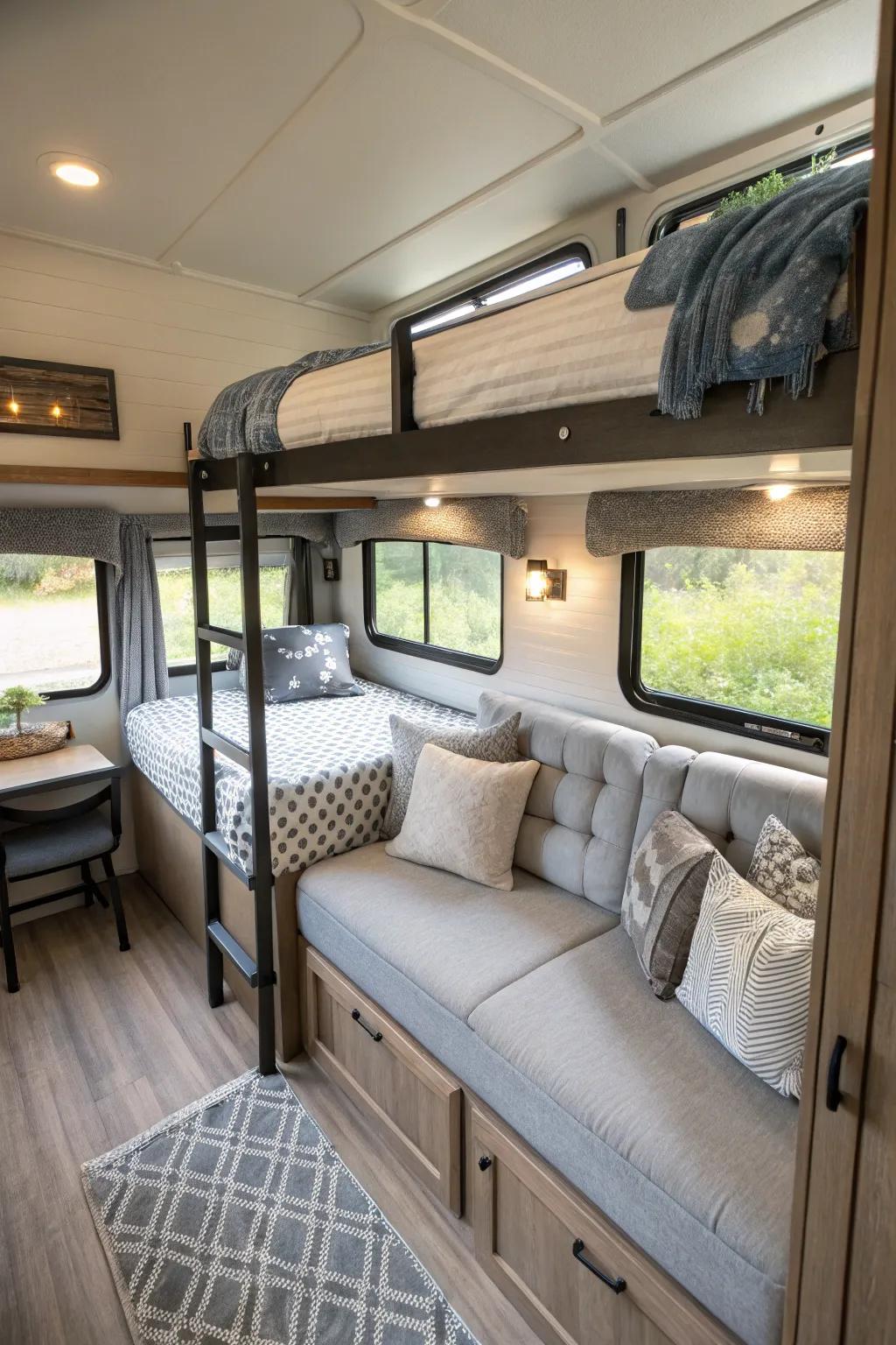 Flexible sleeping arrangements like loft beds maximize space efficiency.