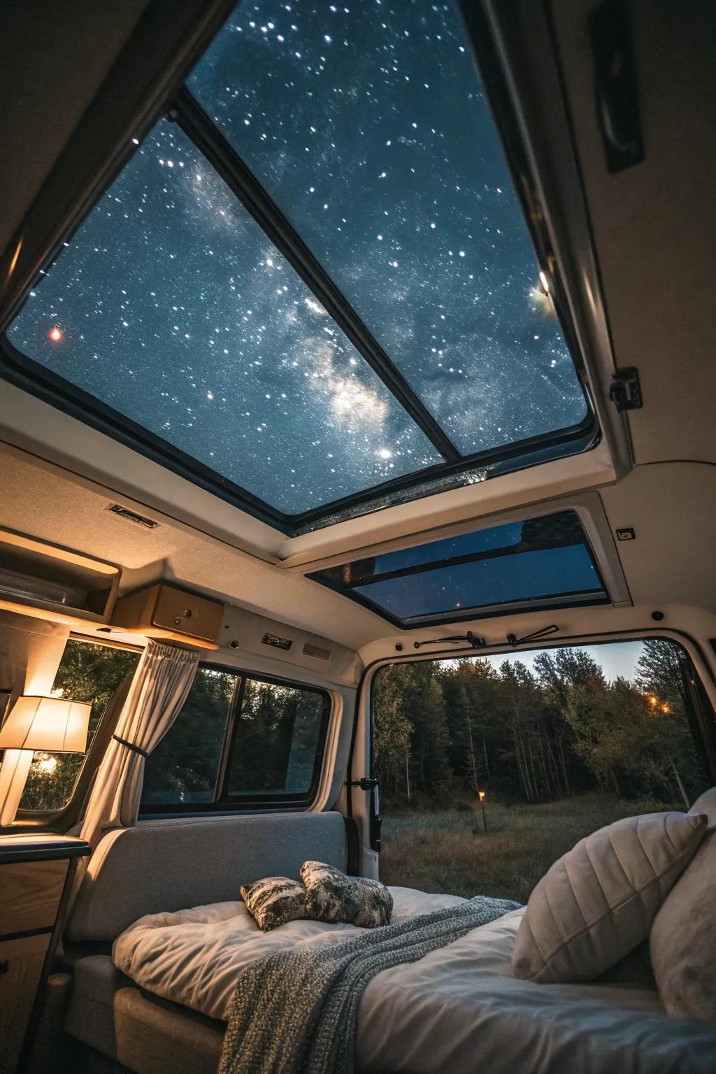 A skylight brings the beauty of the night sky into your camper.