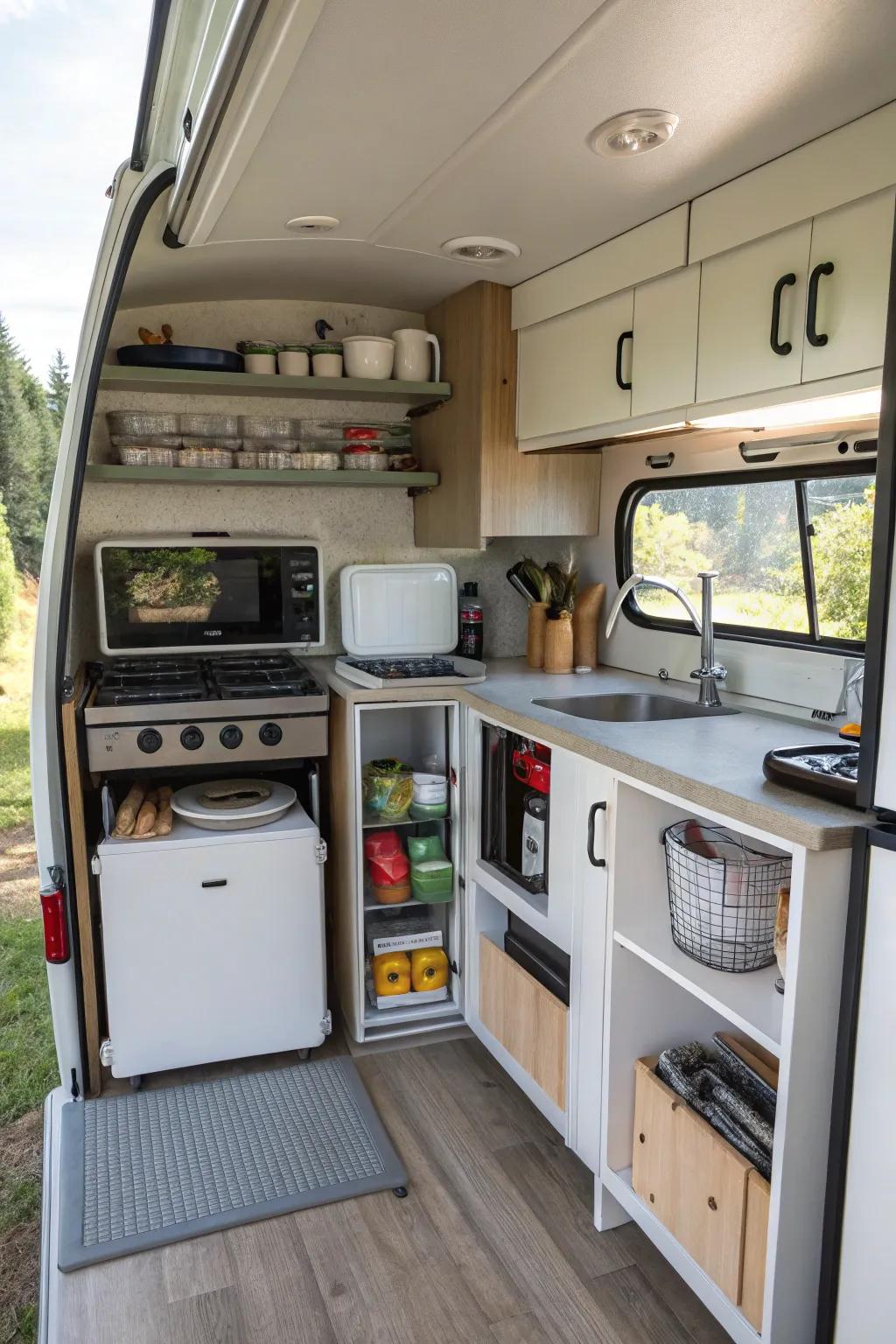 A compact kitchen setup ensures you can cook comfortably on the road.