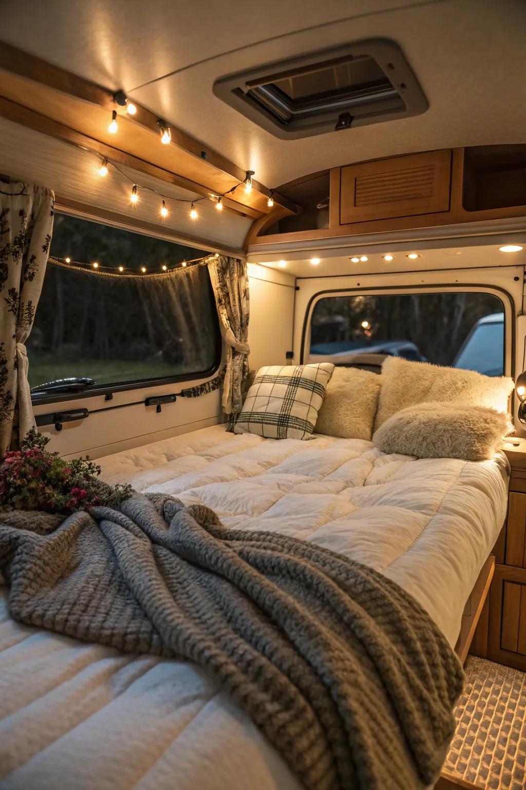 Create a cozy sleeping nook for restful nights on the road.