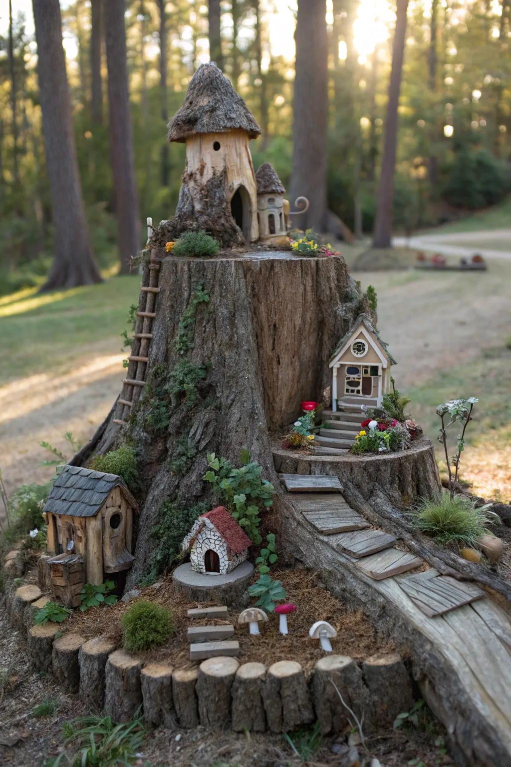 An enchanting fairy village nestled on an old tree stump.