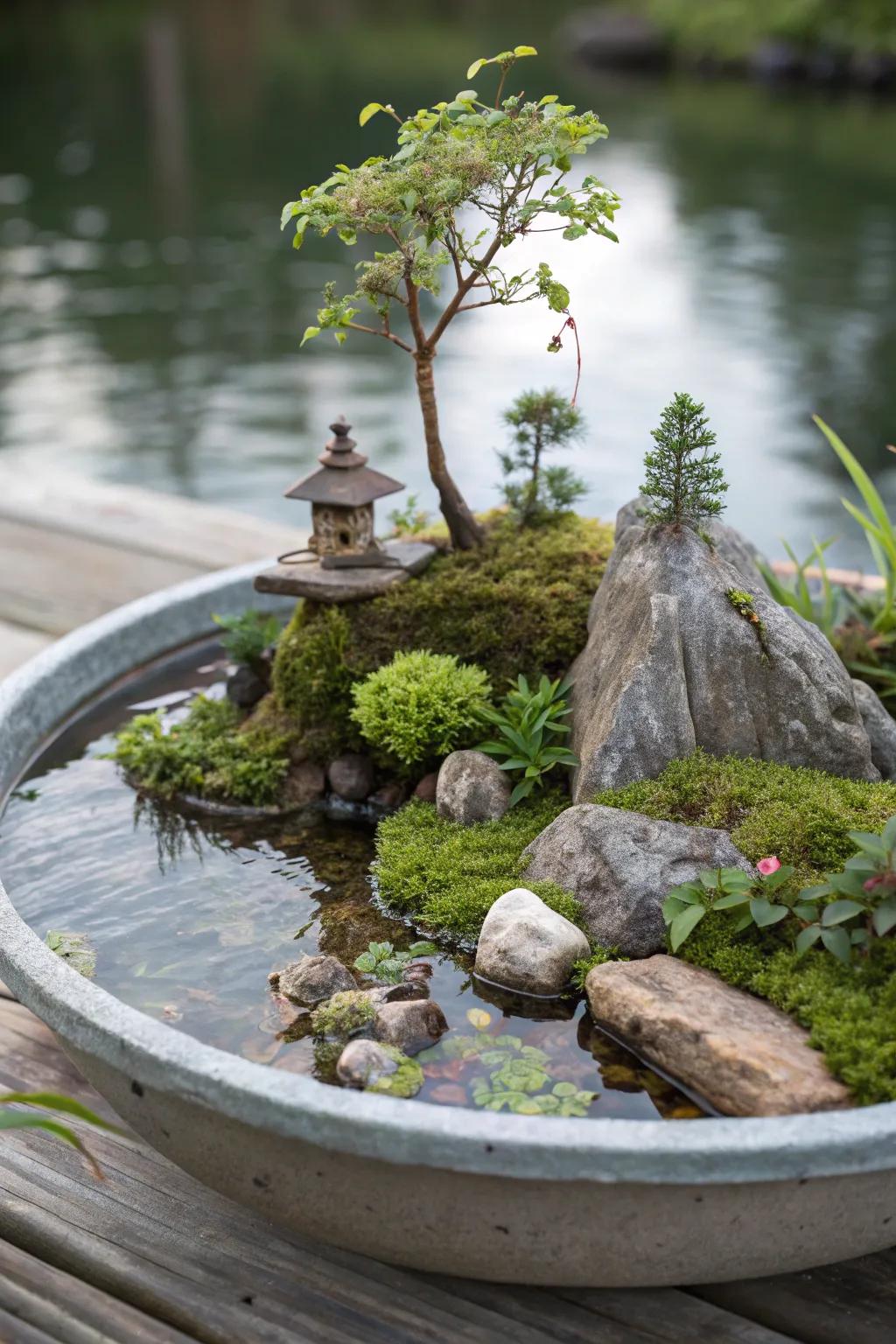 A whimsical floating fairy island adding a water element to the garden.