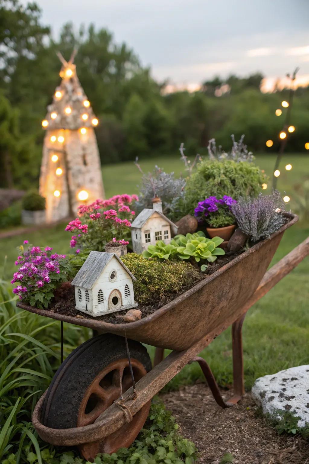 A mobile rustic wheelbarrow garden full of fairy charm.