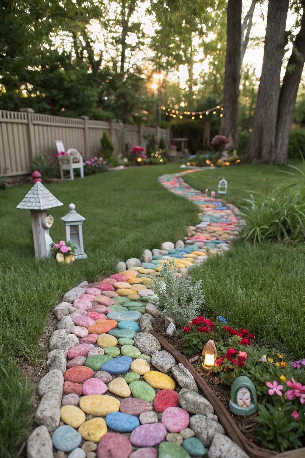 A vibrant pebble pathway inviting visitors to a fairy garden.