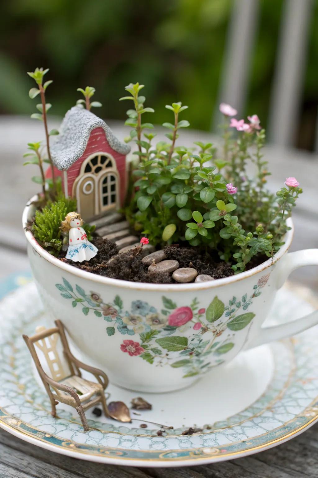 A charming teacup fairy garden perfect for any tabletop.