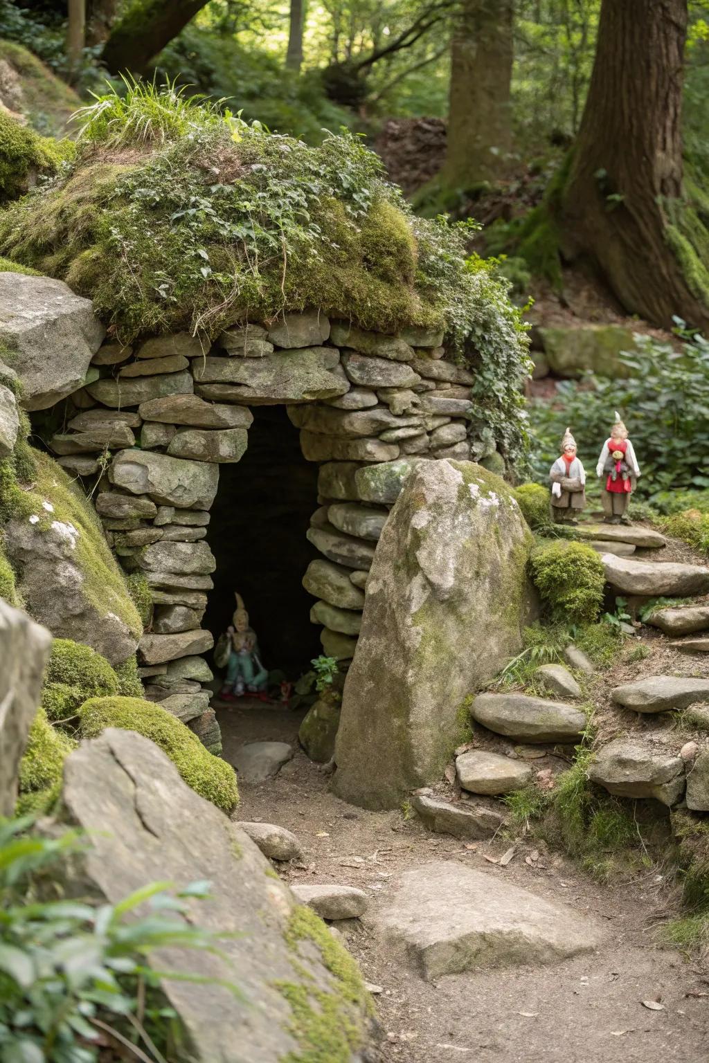 A mysterious rocky fairy cave providing a hideaway for garden fairies.