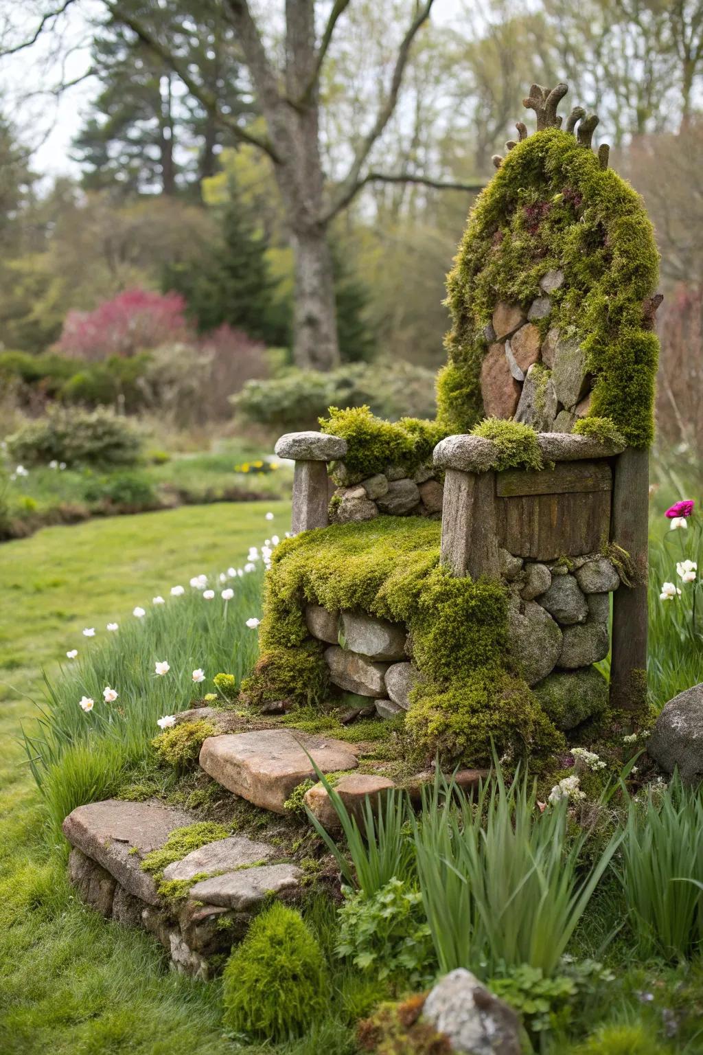 A regal mossy fairy throne as a garden centerpiece.