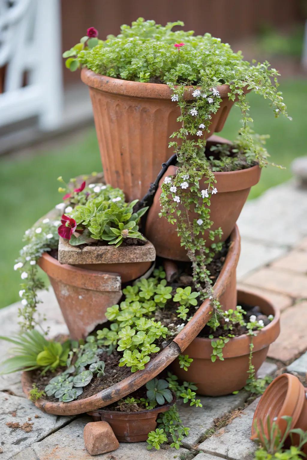 A whimsical fairy garden crafted from a creatively broken pot.