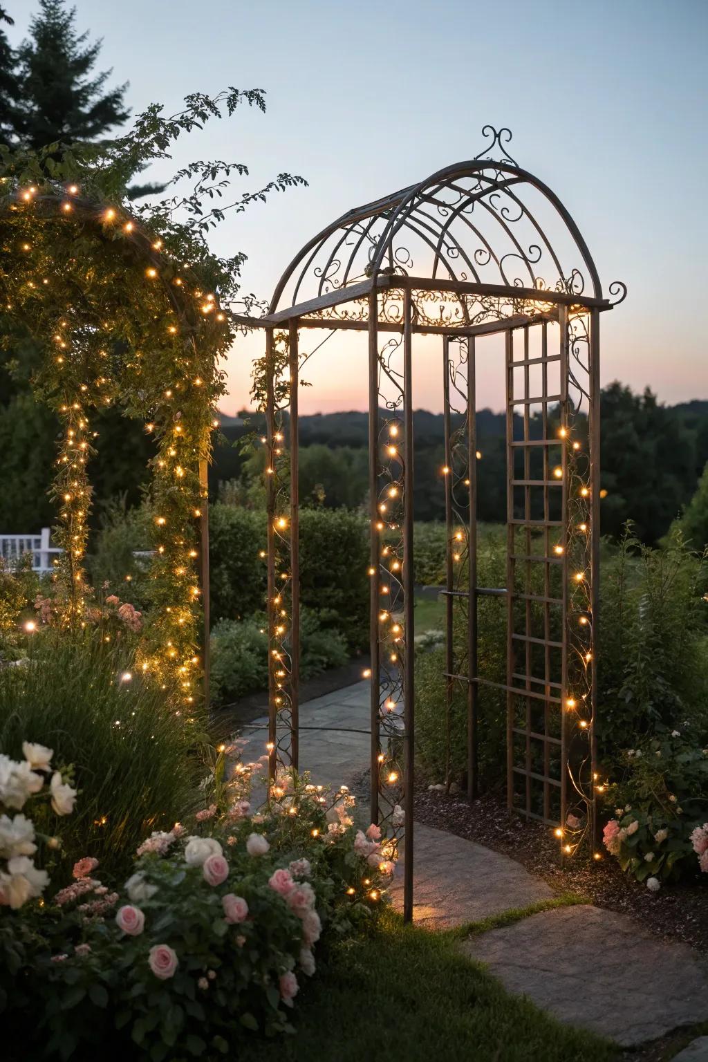 Create a magical evening atmosphere with illuminated trellises.