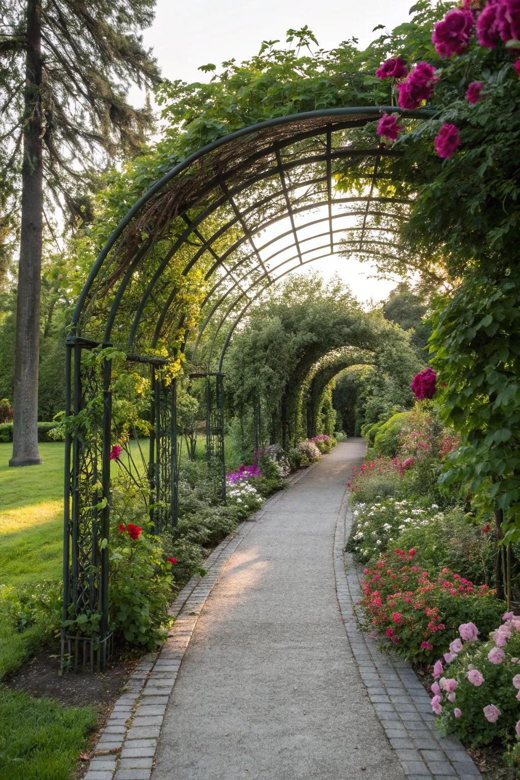 Add dramatic flair to pathways with metal archways.