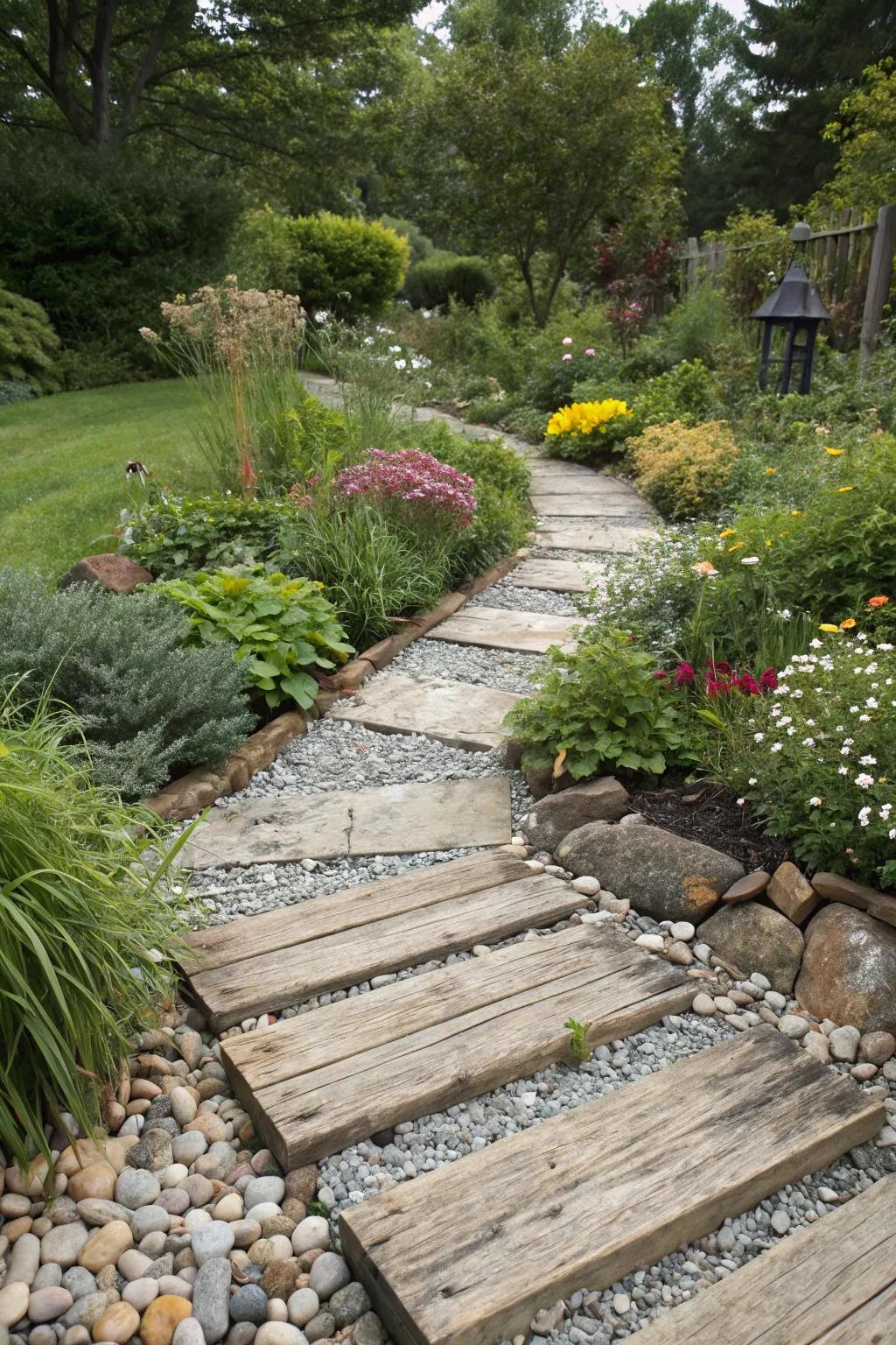 Mixing materials adds depth and interest to garden paths.