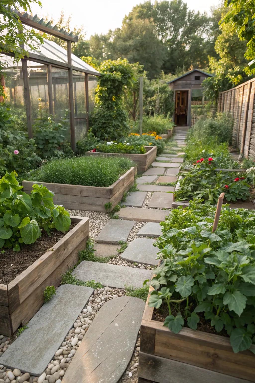 Paths around raised beds offer both beauty and practicality.