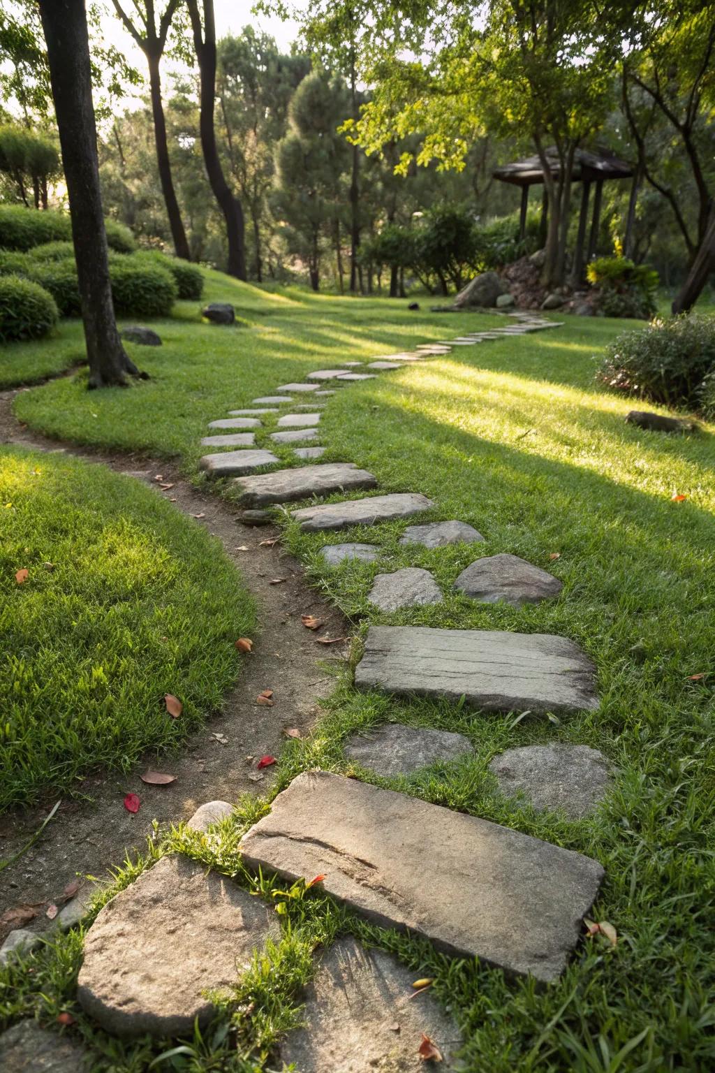Stepping stones with grass add a whimsical touch to gardens.