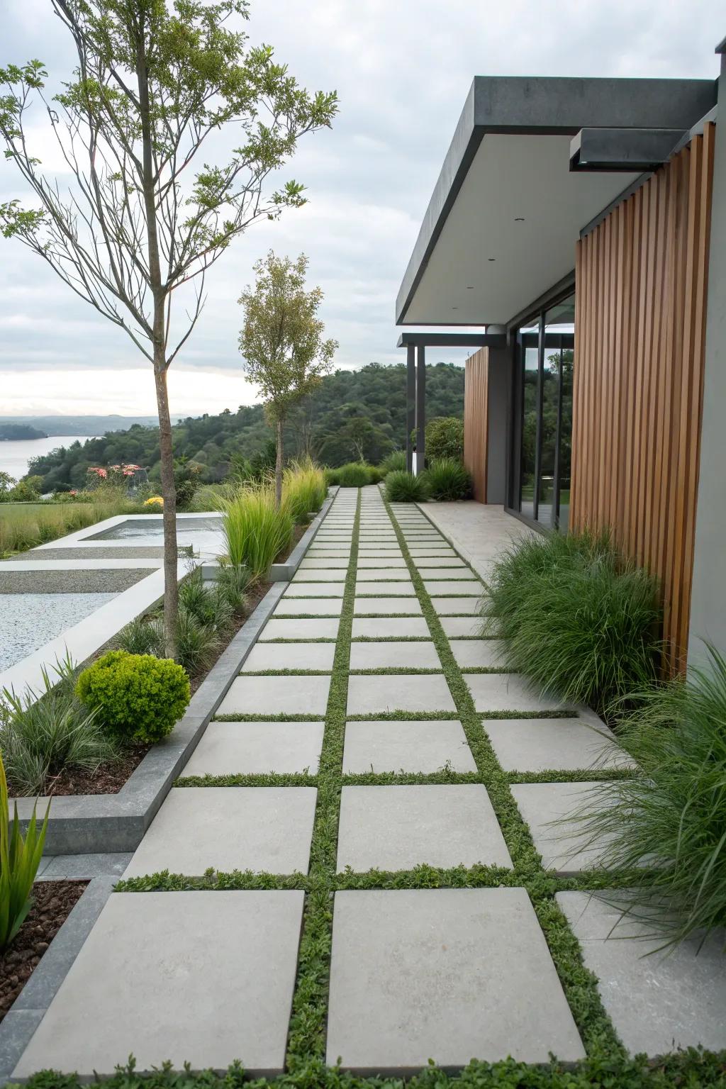 Geometric designs add a modern flair to garden pathways.