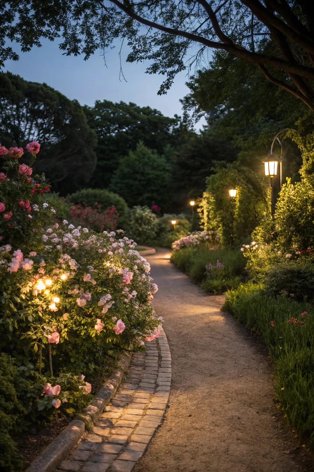 Pathway lighting enhances ambiance and safety.