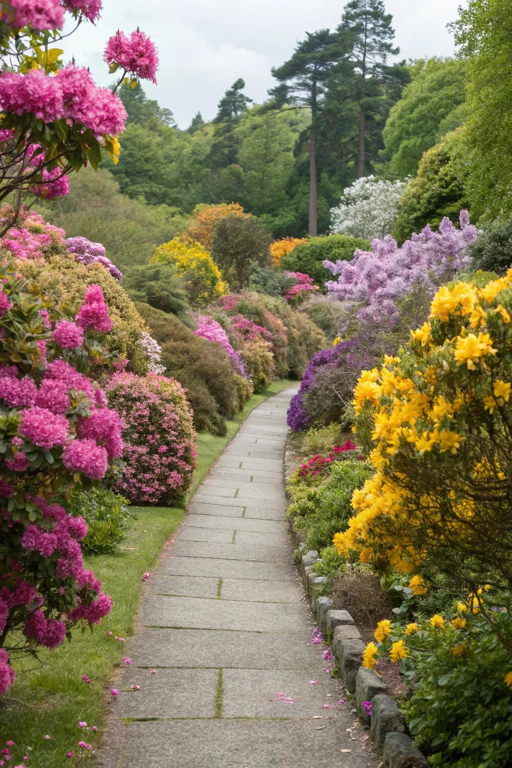 Plant-edged paths burst with life and color.