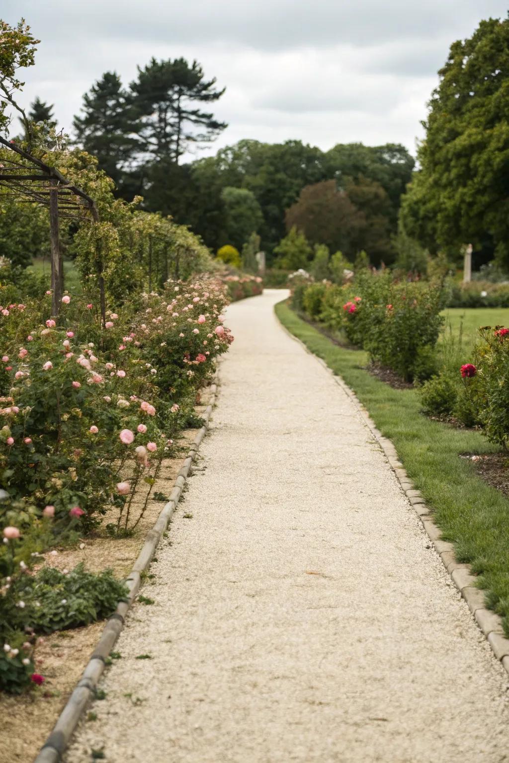Gravel walkways exude a relaxed, inviting atmosphere.