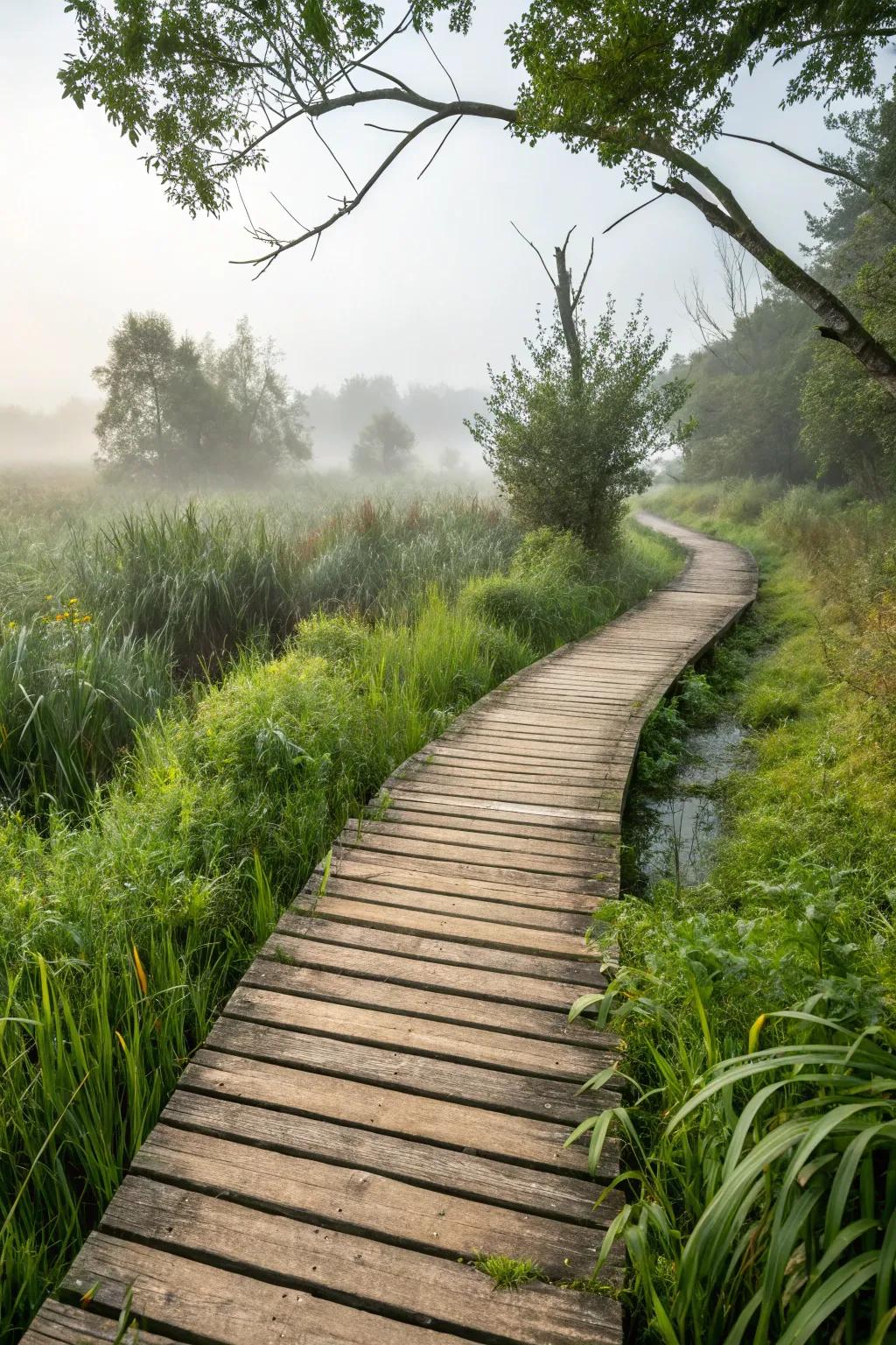 Boardwalk paths provide dry access in wet gardens.