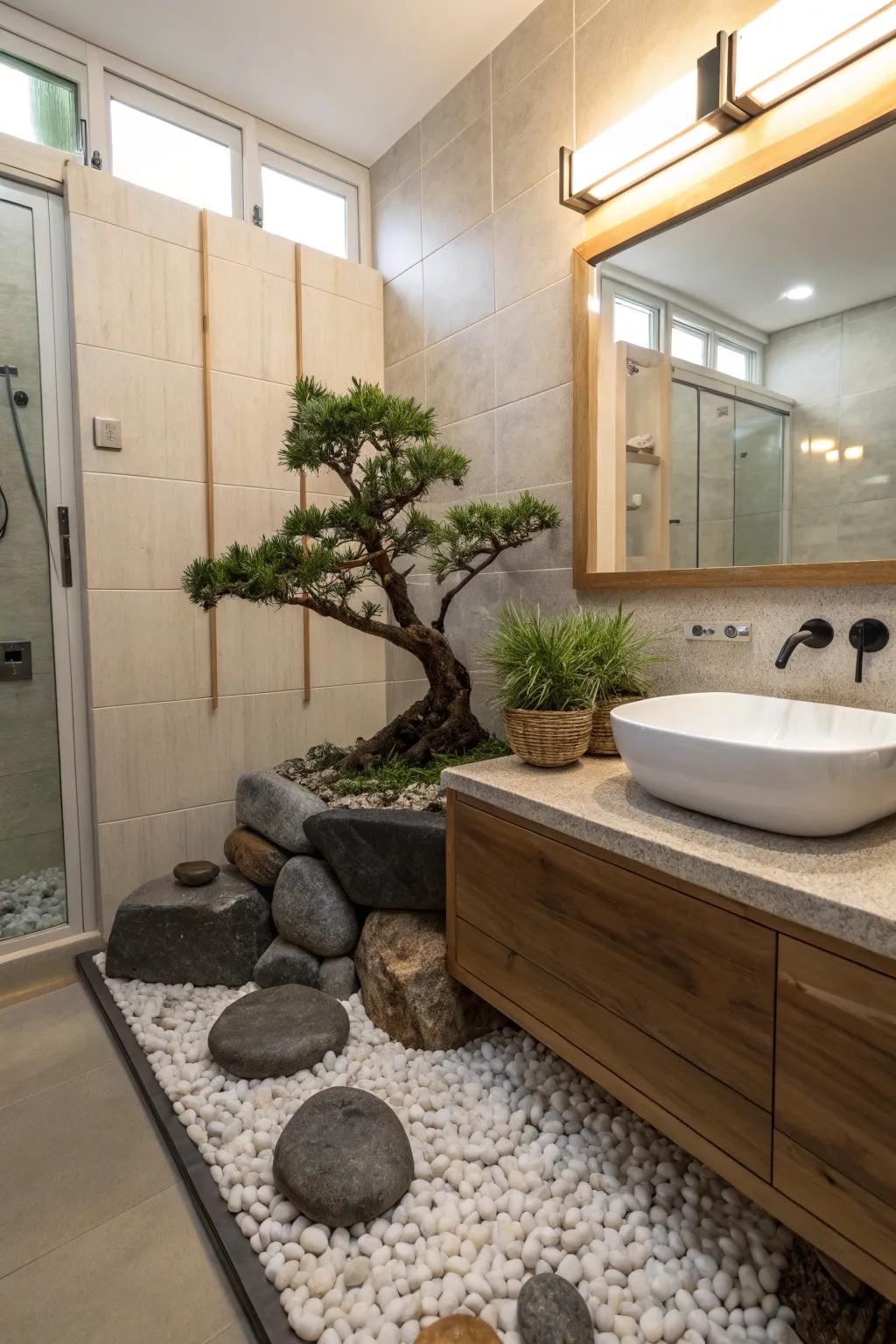 A Zen garden element brings focus and calm to your bathroom.