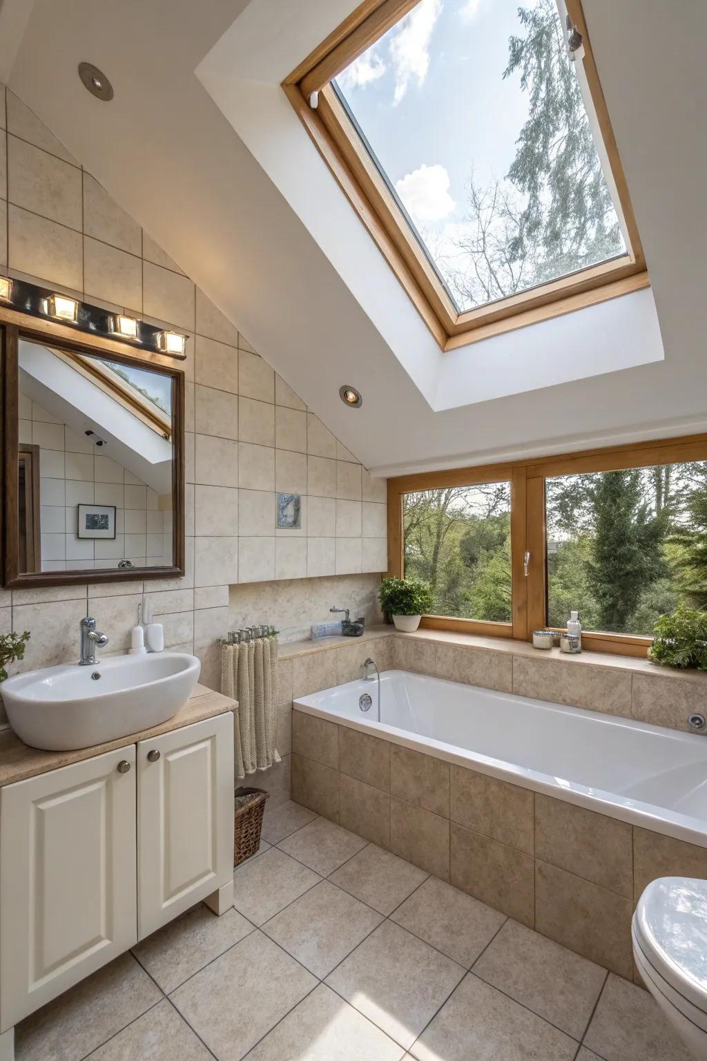 A skylight brightens your bathroom with natural illumination.