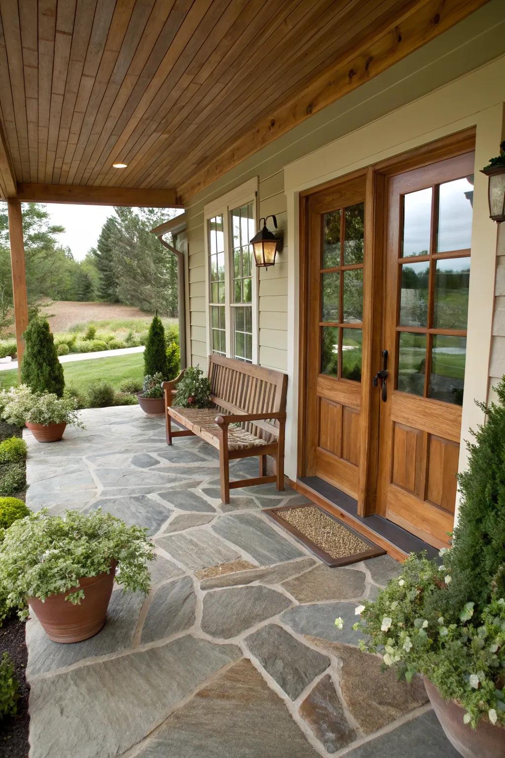 Natural elements creating a rustic charm on the porch.