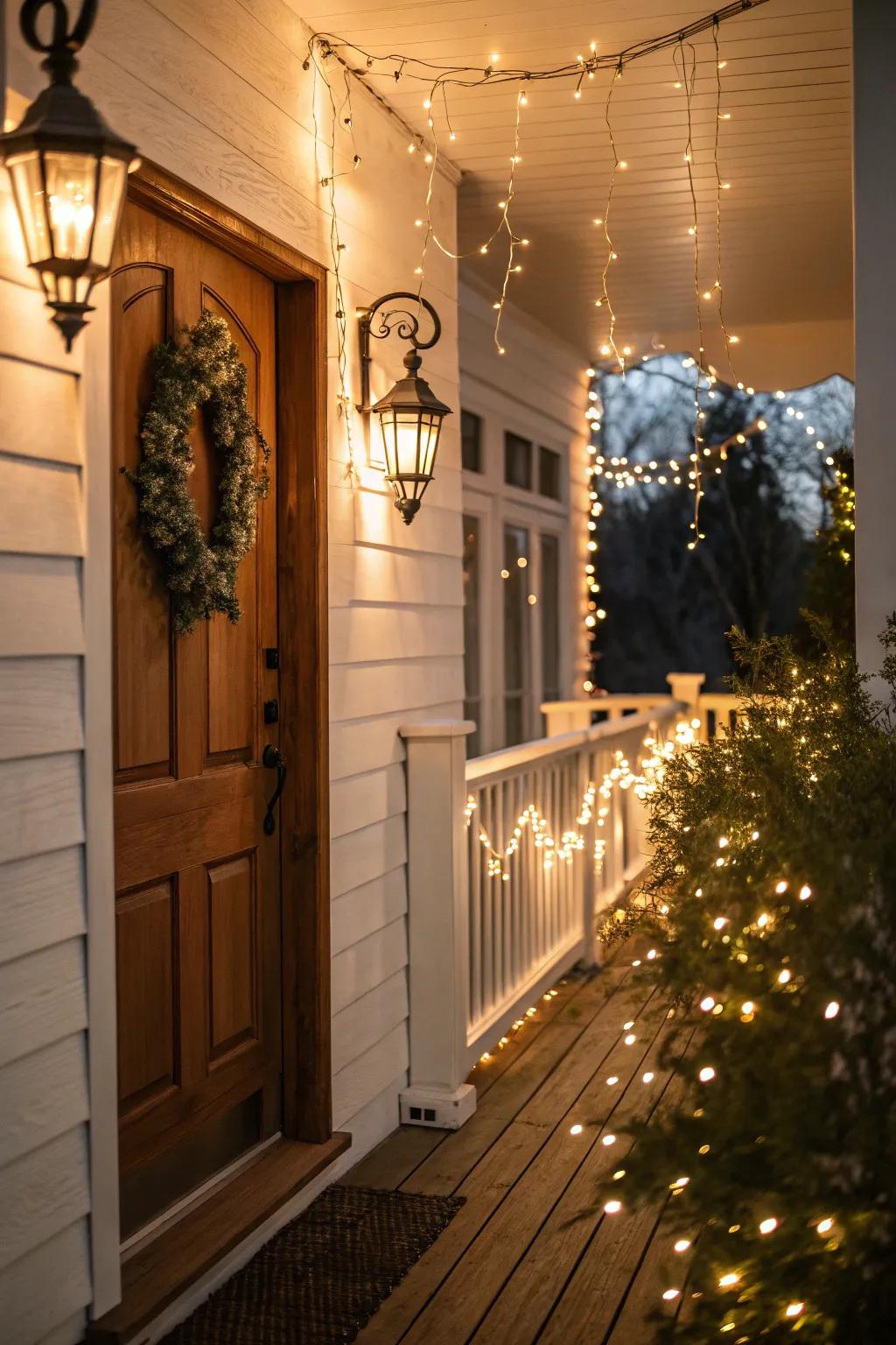 Lighting features creating a warm and inviting porch ambiance.