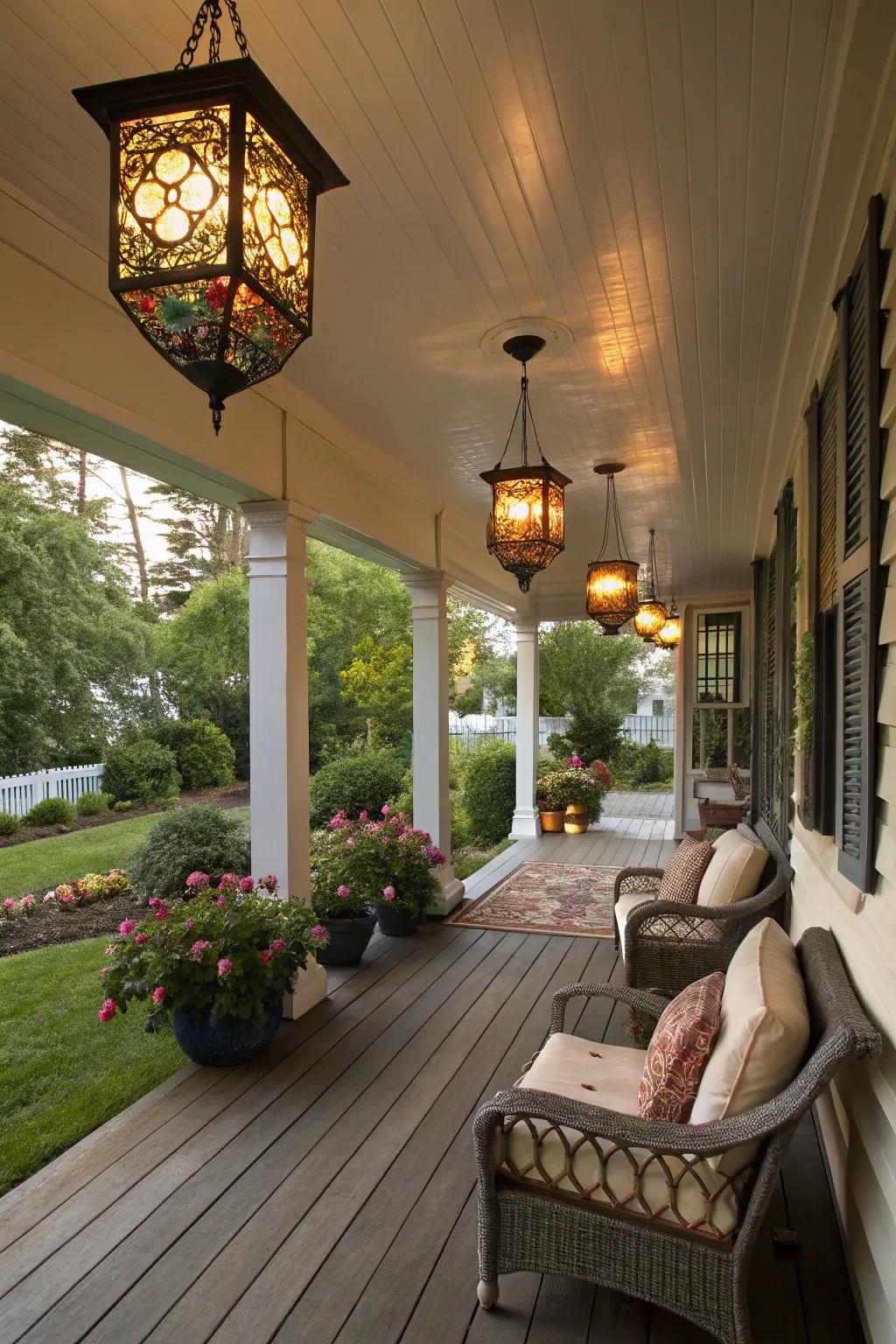 Decorative lanterns casting a warm glow on the front porch.