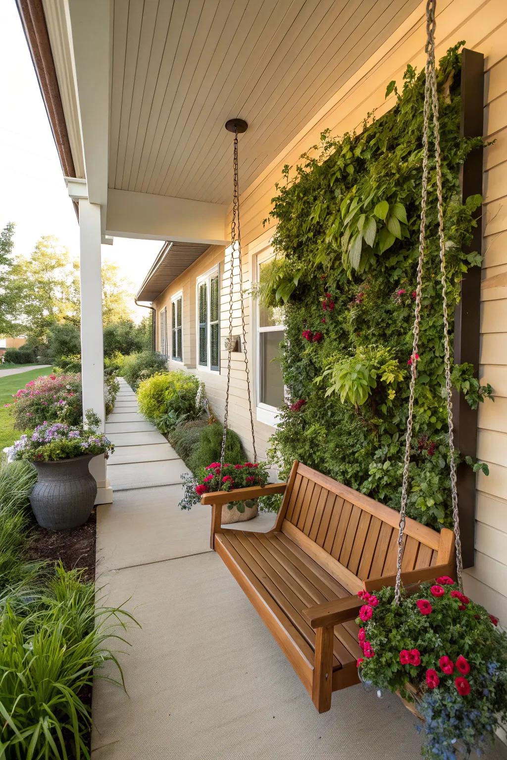 Vertical gardens adding greenery to a compact porch space.