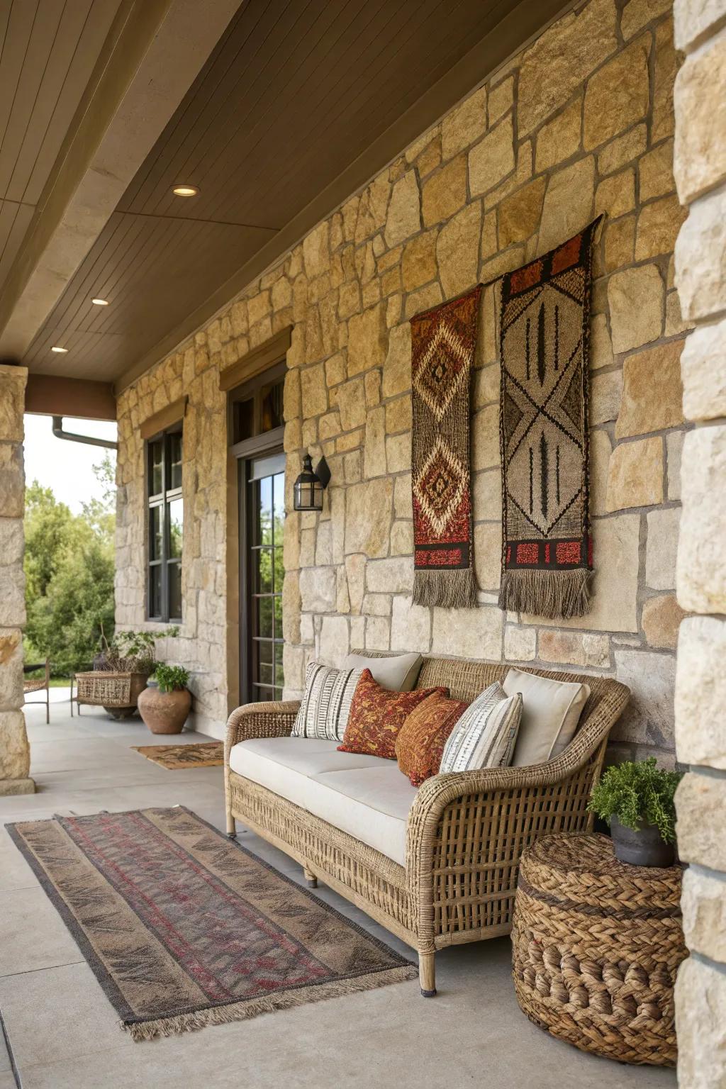 Textured materials adding depth and interest to the porch design.
