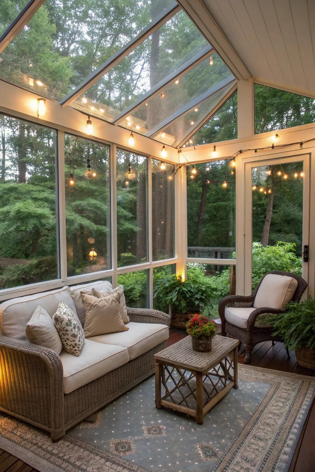 An enclosed porch offering privacy and a cozy retreat.