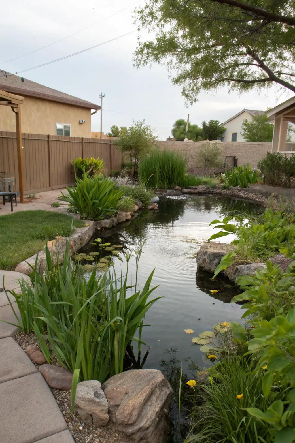Add a calming element with a serene water feature.