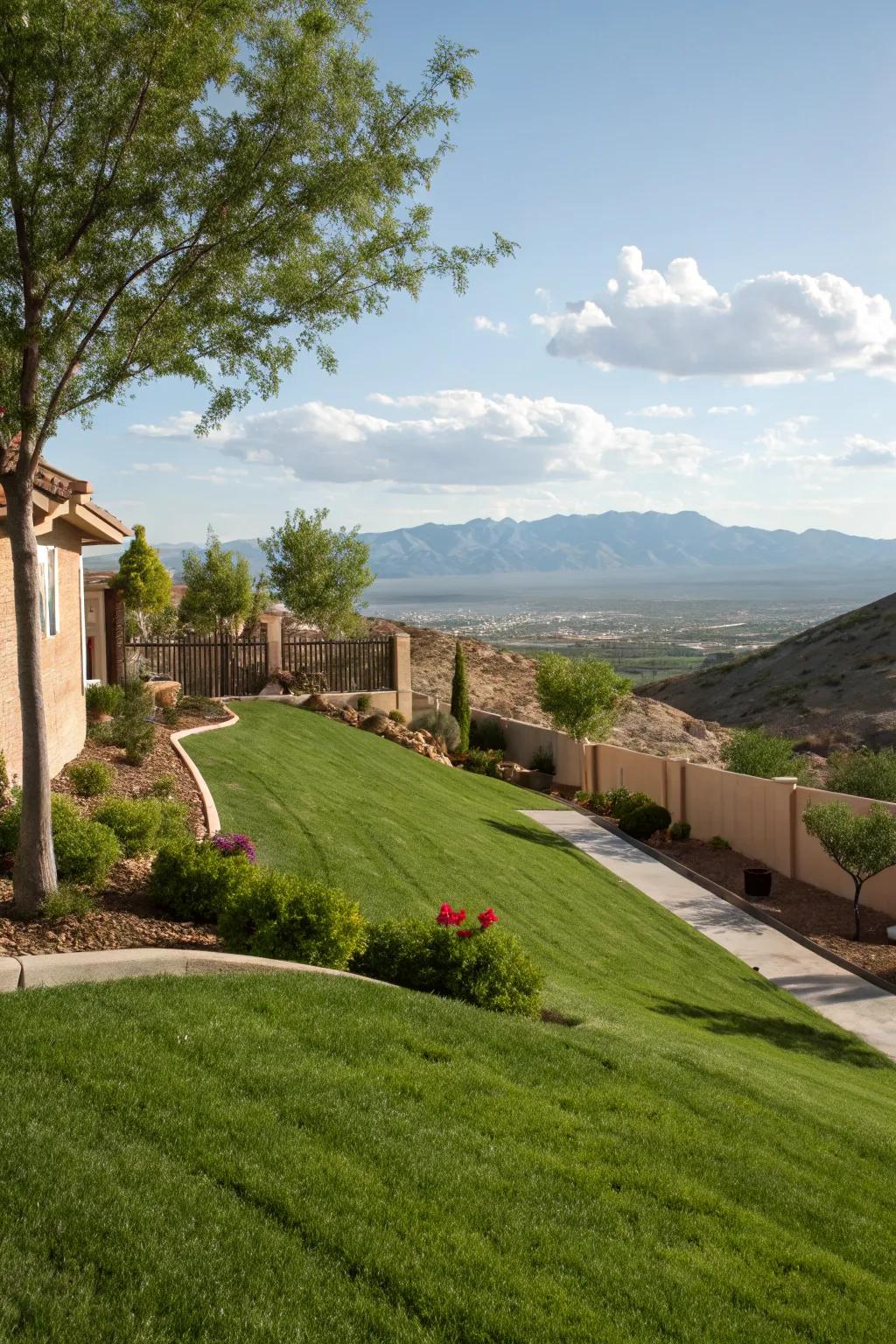 Create a picturesque setting with a scenic hillside lawn.