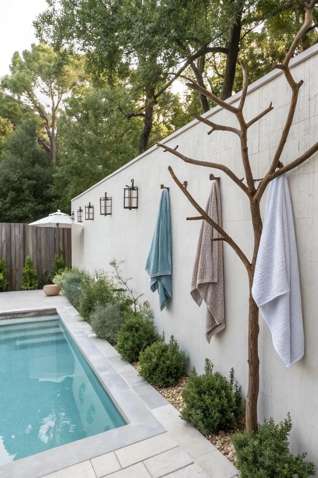 Bring natural beauty to your poolside with tree branch hooks.